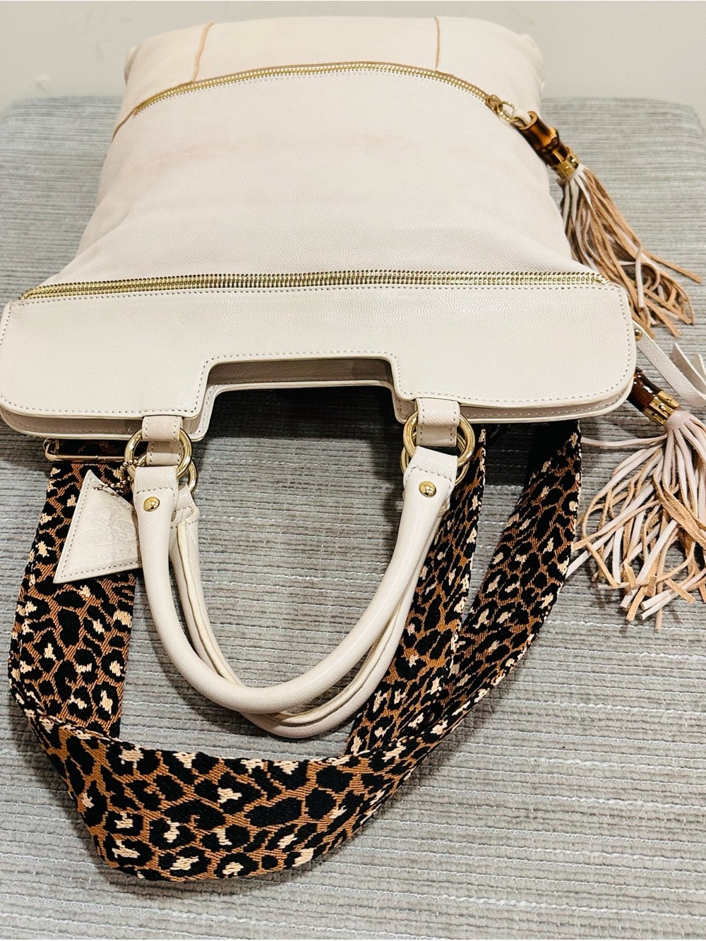 Sorial New York Leather Convertible Backpack Tote Bag Ivory Bamboo Leopard Cream - Picture 10 of 15